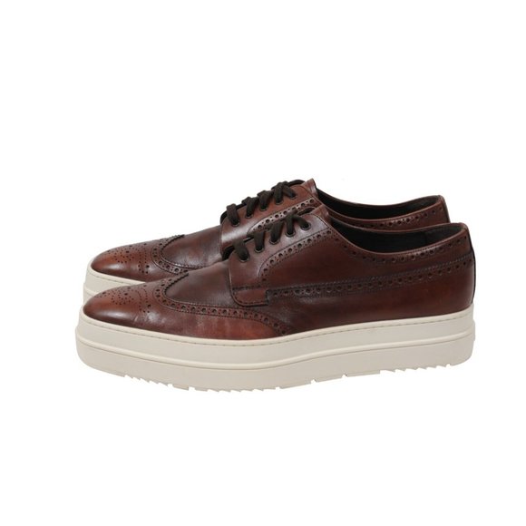 Prada Mens Oxford Wingtip Platform Derby US 10.5 UK 9.5 Brown Leather Brogue